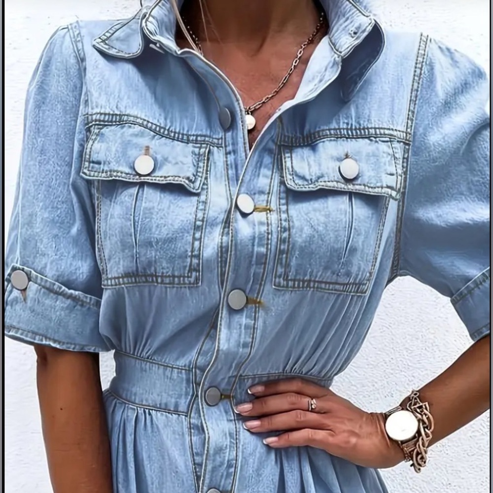 Denim Button-Up Shirt Dress with Pockets - Picture 2 of 5